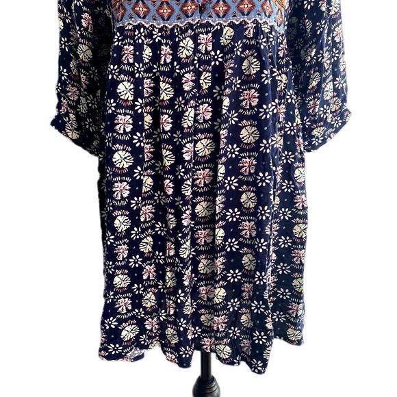 Umgee USA‎ Mini Peasant Dress Navy Blue Mixed Print Boho Southwestern Size Small - Picture 3 of 6
